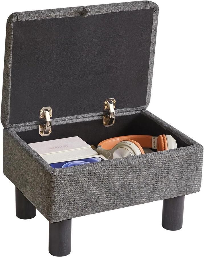 Kleine Ottomaanse voetenbank met opbergruimte – Linnen poef met houten poten multifunctionele kruk voor woonkamer slaapkamer en kantoor lichtgrijs