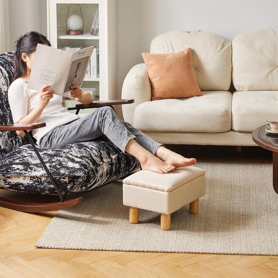Kleine Ottomaanse voetenbank met opslag – Beige poef met flip-top deksel veiligheidsscharnier tot 350 lbs voor woonkamer en slaapkamer
