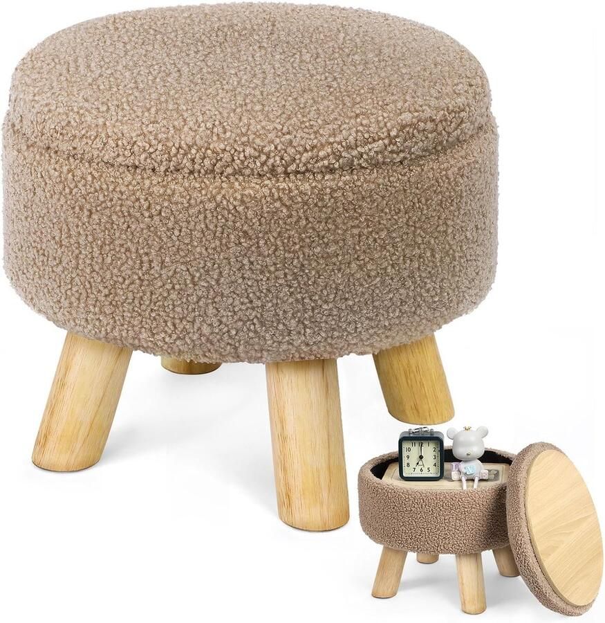 Kleine Poef met Opbergruimte – Ronde Voetenbank met Gewatteerde Zitting en Deksel – Mini Fluwelen Ottoman voor Woonkamer Slaapkamer Bank – Bruin