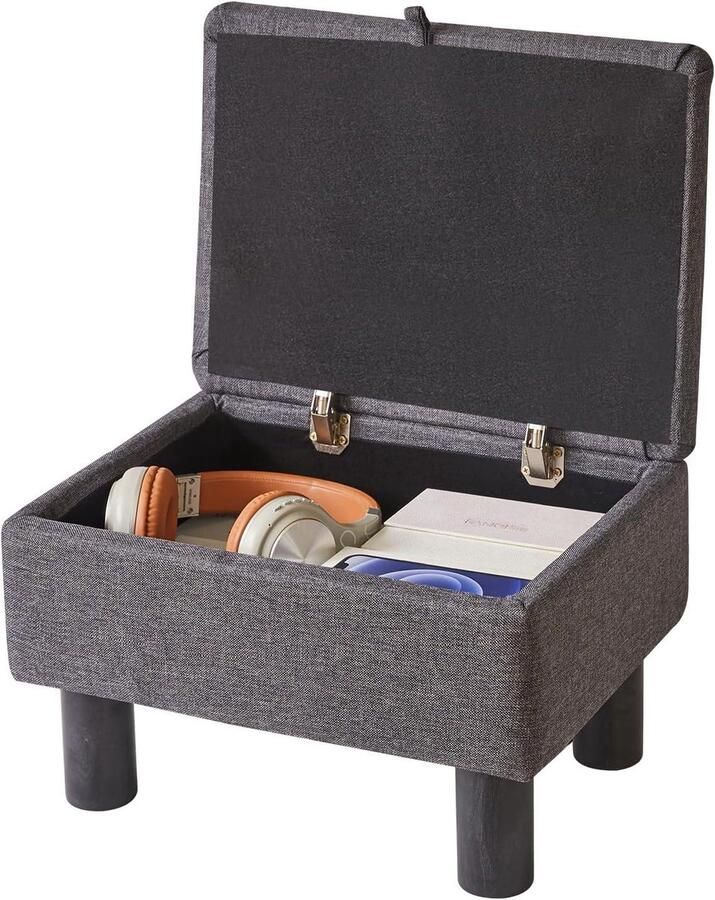 Kleine poef met opslag voetenbank donkergrijs linnen