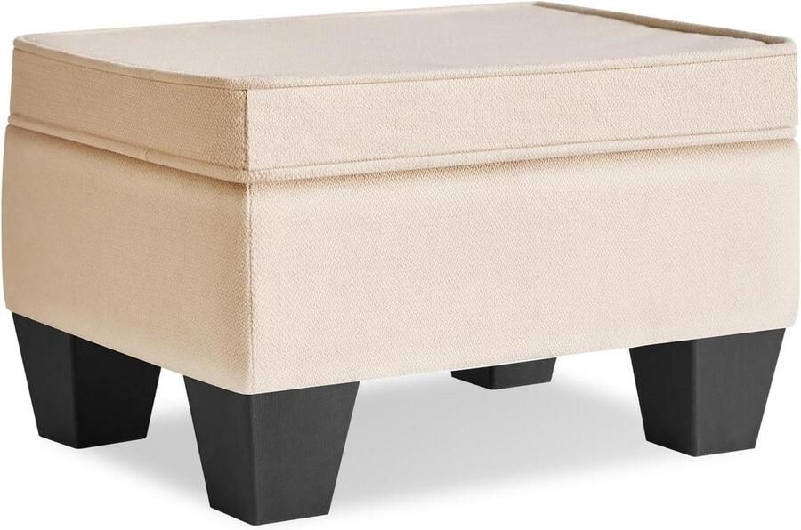 Kleine voetenbank Ottomaanse 255 cm rechthoekig linnen gewatteerde zitting plastic poten poef lage voetsteun woonkamer slaapkamer beige