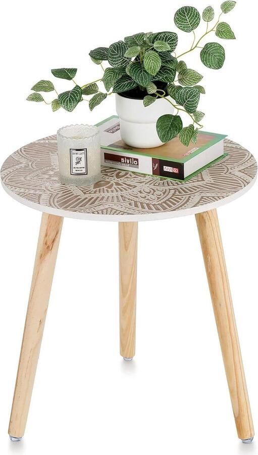 Kleine ronde bijzettafel Boho bloemen decoratief 1 stuk wit hout