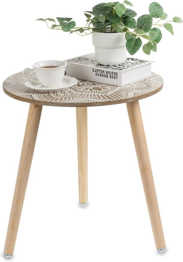 Kleine ronde bijzettafel met Boheems accent voor woonkamer en slaapkamer Wit nachtkastje met 3 houten poten voor boerderij huisdecoratie Eenvoudig en decoratief ontwerp Boho bijzettafels
