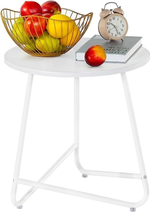 Kleine ronde bijzettafel – Modern metalen nachtkastje voor woonkamer slaapkamer of kantoor – Wit 45x45x48 5 cm