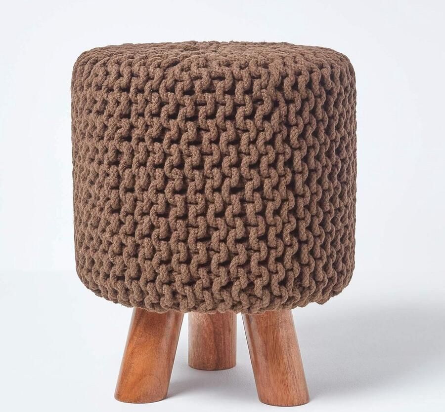 Kleine ronde gebreide kruk met houten poten 32x32x42 cm bruin