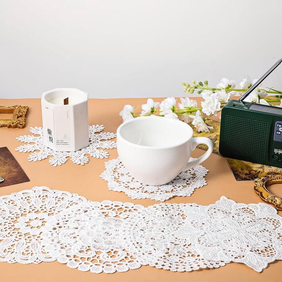 Kleine ronde gehaakte tafellopers vintage set van 6 wit polyester