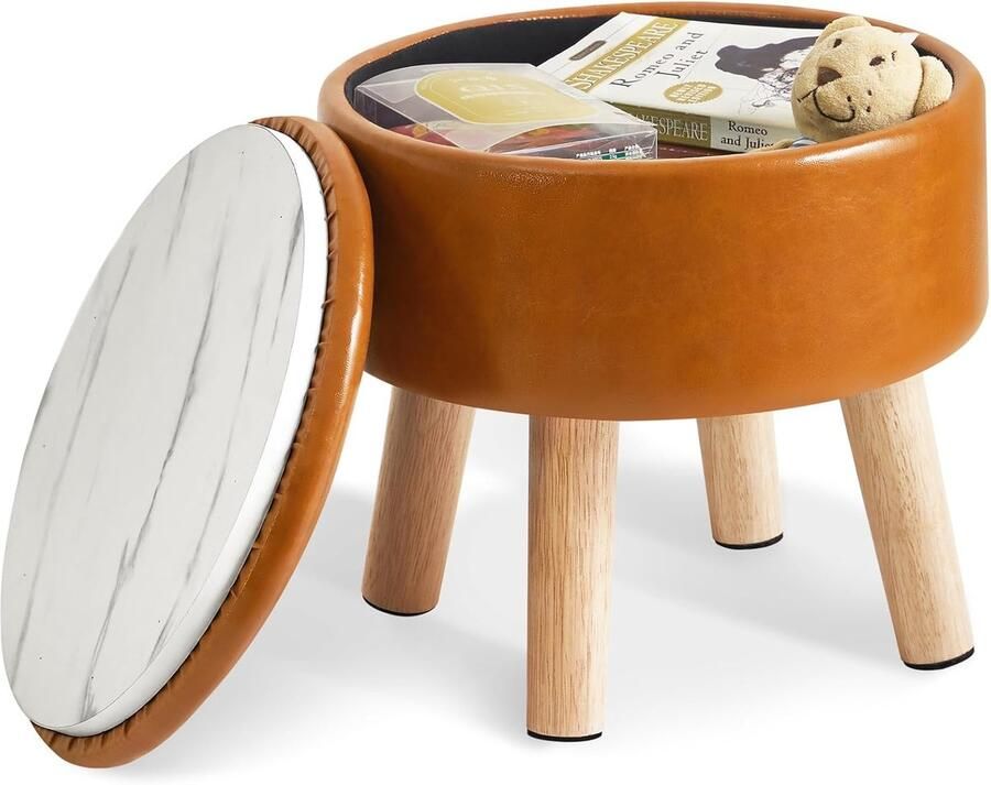Kleine ronde voetenbank met opbergruimte en houten poten Multifunctionele poef voor elke ruimte