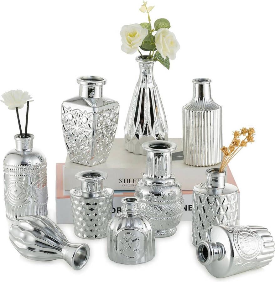 Kleine vaas zilveren bloemenvazen: 10 vintage vazen decoratie vergulde vazen kleine tafeldecoratie eettafel vaas glazen vaas mini vazen set deco zilver voor decoratie woonkamer bruiloft