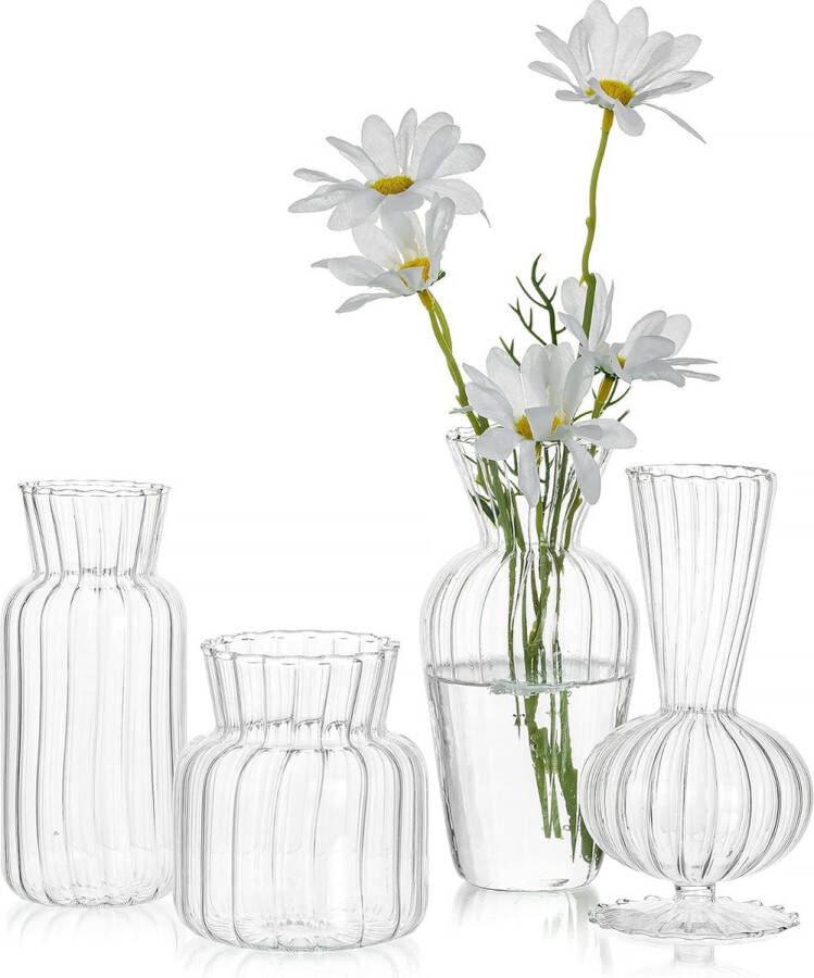 Kleine vaasjes voor tafeldecoratie set van 4 mini vaasjes glazen bloemenvaas heldere glazen vaas verschillende maten voor decoratie woonkamer moderne bruiloftsdecoratie tafel