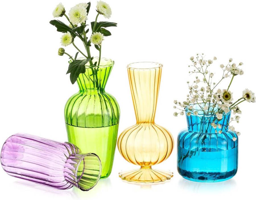 Kleine Vazen Bruiloft Tafeldecoratie Vintage 4-delige Gekleurde Mini Vaas Glazen Bloemenvaas Moderne Set Hydrocultuur Glazen Vaas voor Bloemen Decoratie Bruiloft Tafel Woonkamer Salontafel Badkamer