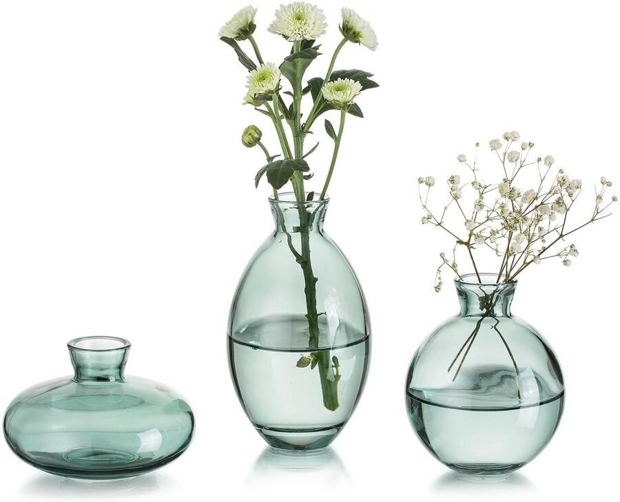 Kleine vazen ​​voor tafeldecoratie vintage handgemaakt 3-delige mini vaas glas groene bloemenvaas moderne set verschillende maten slanke hydrocultuur glazen vaas voor bloemendecoratie bruiloftstafel woonkamer salontafel
