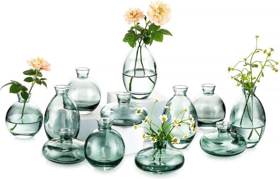 Kleine vazen voor tafeldecoratie vintage handgemaakt 4 sets (12 stuks) groene mini-vaas glas bloemenvaas moderne set verschillende maten slanke hydrocultuur glazen vaas voor bloemen decoratie bruiloft tafel woonkamer