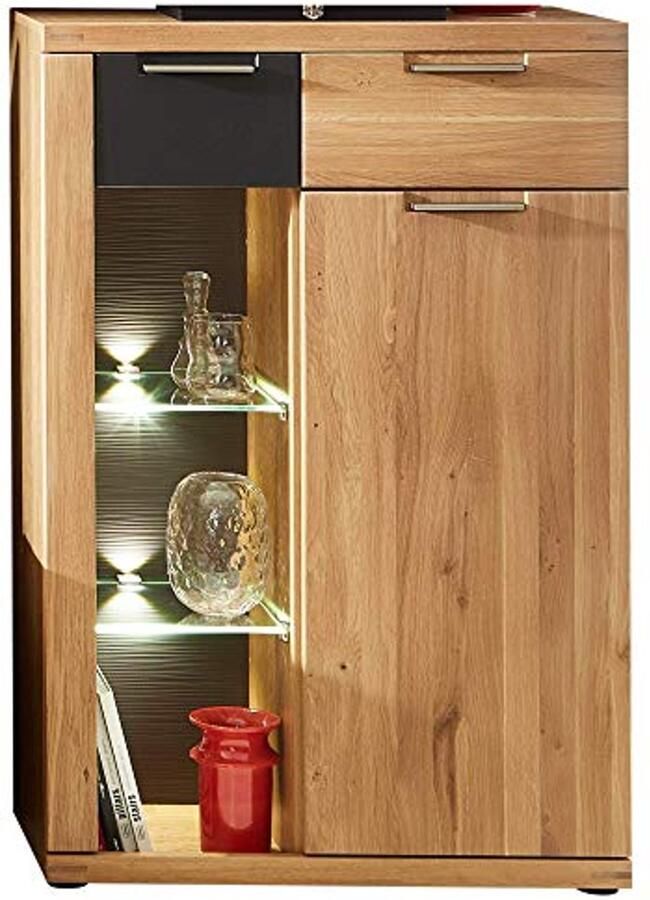 Kleine vitrinekast van massief wild eiken met moderne glazen deur en LED-verlichting 80 x 126 x 37 cm