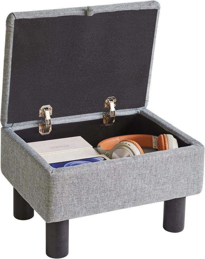 Kleine voetenbank met opbergruimte – Blauwegrijze Ottomaanse poef met houten poten multifunctionele kruk voor woonkamer en slaapkamer