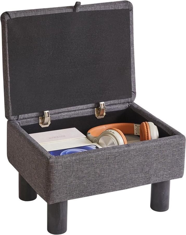 Kleine voetenbank met opbergruimte – Donkergrijze linnen poef met houten poten multifunctionele kruk voor woonkamer en slaapkamer