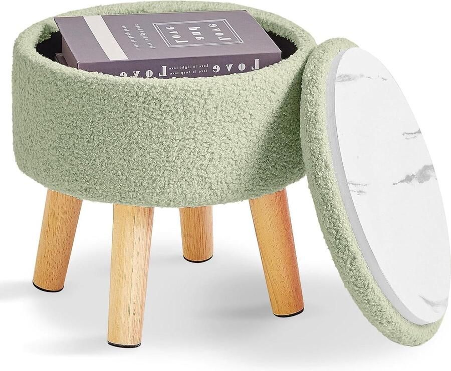 Kleine voetenbank met opslag Ronde poef met gewatteerde zitting Houten poten Teddy fluwelen mini-voetenbank Woonkamer slaapkamer entree groen