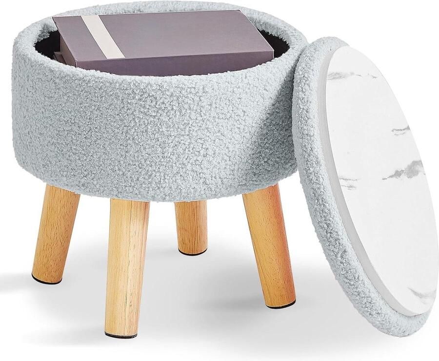 Kleine voetenbank met opslag Ronde poef Ottomaanse met gewatteerde zitting en houten poten Teddy fluwelen mini-voetenbank voor woonkamer bank slaapkamer entree Blauw 13 inch