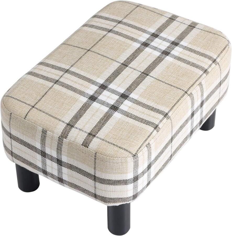 Kleine voetenbank van linnen stof Ottomaanse voetsteun voor huis en woonkamer Modern design Rechthoekige kruk met gevoerde zitting Dennenhouten poten 42 cm Gestreept Comfortabel en stijlvol meubelstuk