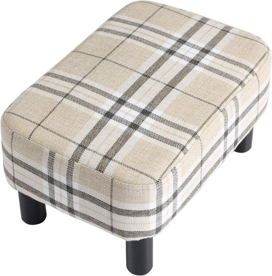 Kleine voetenbank van linnen stof Ottomaanse voetsteun voor in huis Moderne poef voor woonkamer slaapkamer Rechthoekige kruk met gevoerde zitting Dennenhouten poten 42 cm gestreept