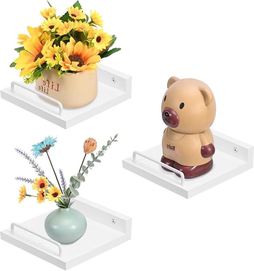 Kleine wandplanken set van 3 15 cm houten wandrek modern decoratie met smeedijzer geschikt voor keuken badkamer kantoor woonkamer (wit)