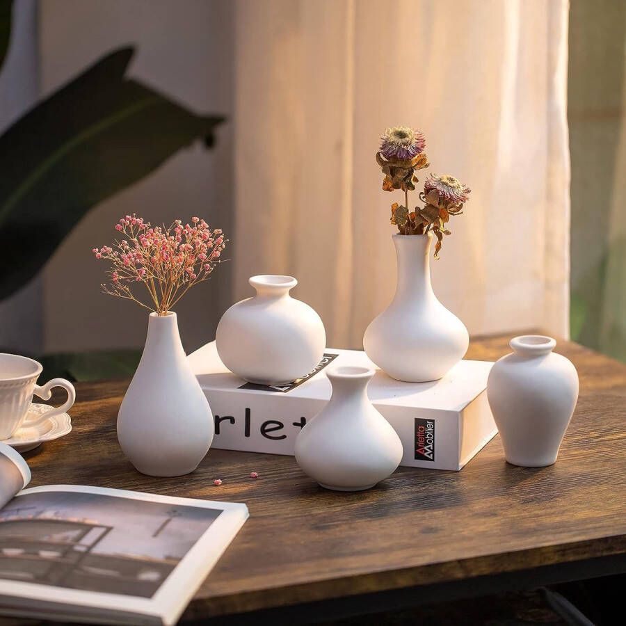 Kleine witte keramische vaas set van 5 decoratieve vazen voor bloemen met minimalistisch ontwerp voor thuis tafel middelpunt moderne handgemaakte vaas voor bruiloft kantoor woonkamer keuken decoratie