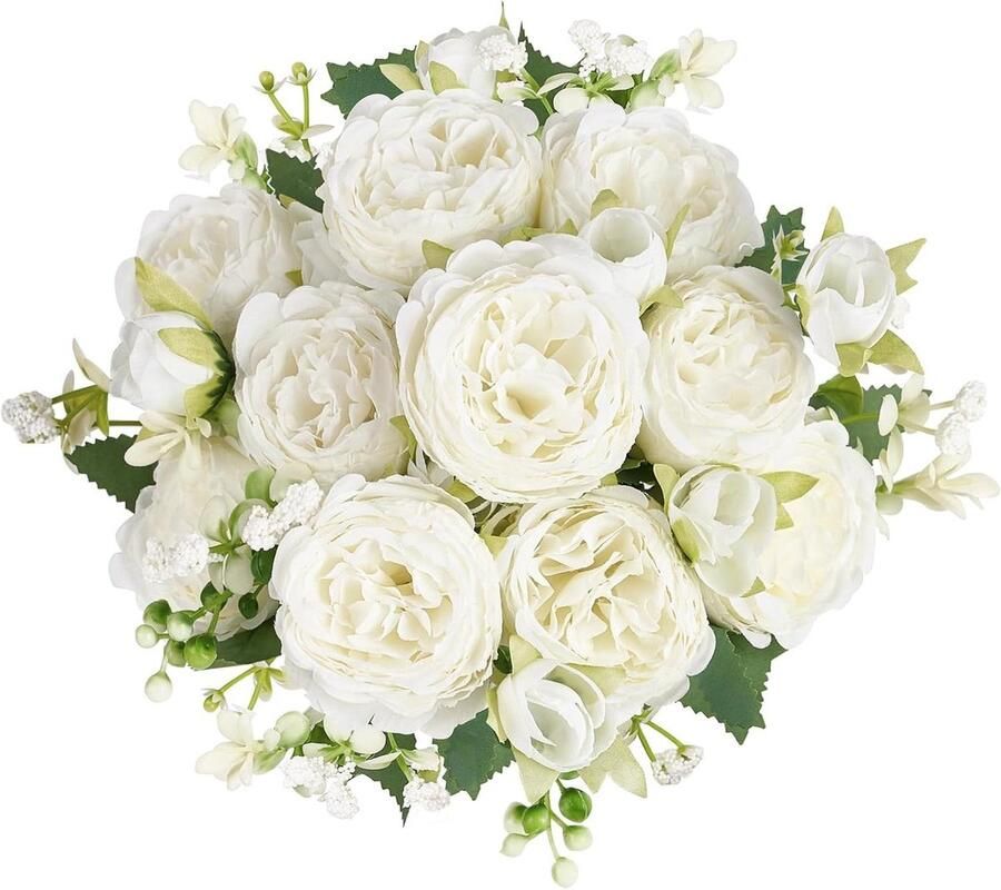 Kleine zijden pioenrozen kunstbloemen 2 bundels nepboeket witte bloemstukken voor eettafel decoratie binnen keuken en bruidsfeest centerpieces