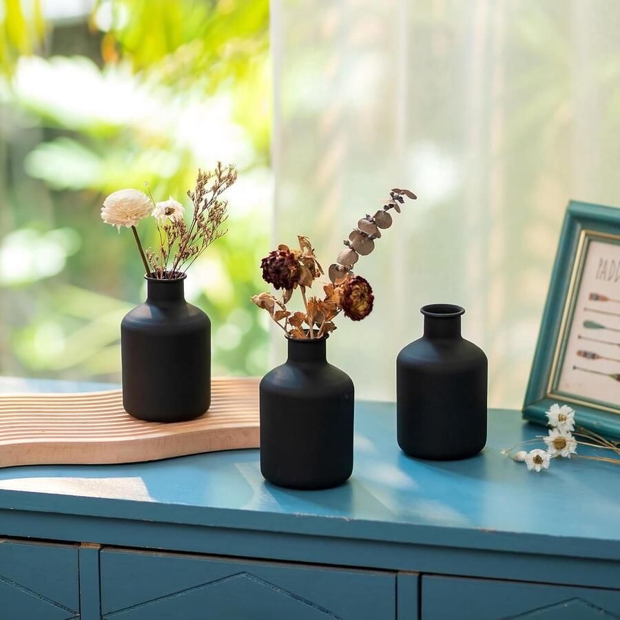 Kleine Zwarte Bud Vaasjes Metalen Mini Vaasje Set van 3 Decoratieve Cilinde Vaasjes voor Kunstmatige Gedroogde Bloemen Moderne Vaas voor Woonkamer Eettafel Keuken Badkamer Slaapkamer Koffie Decoratie
