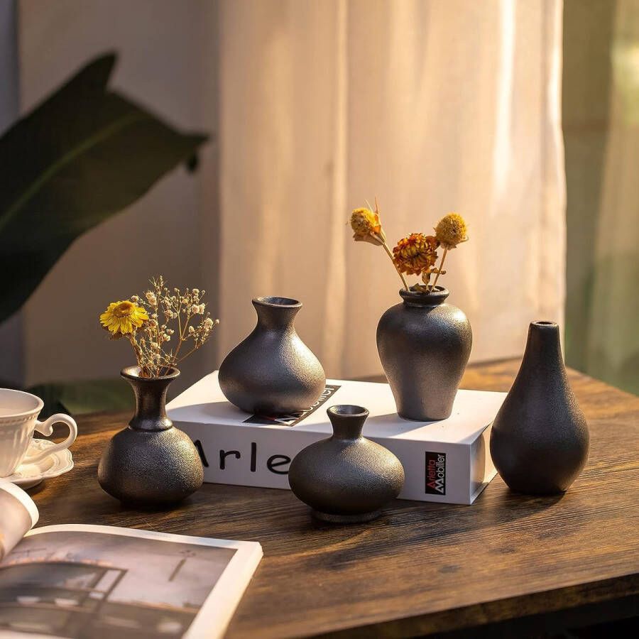 kleine zwarte keramische vaas set van 5 decoratieve vazen voor bloemen met minimalistisch ontwerp voor thuis tafel middelpunt moderne handgemaakte vaas voor bruiloft kantoor woonkamer keuken decoratie