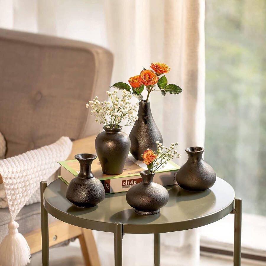 Kleine zwarte keramische vazen 5-delige set mini-handgemaakte keramische vazen voor bloemen pampasgras moderne bloemenvaas decoratie voor woonkamer keuken kantoor keuken en tafel
