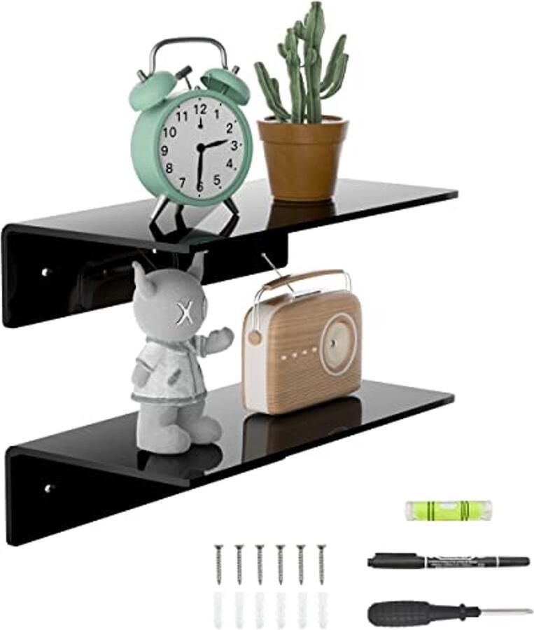 Kleine zwarte wandplanken set van 2 acryl zwevend rek voor muur