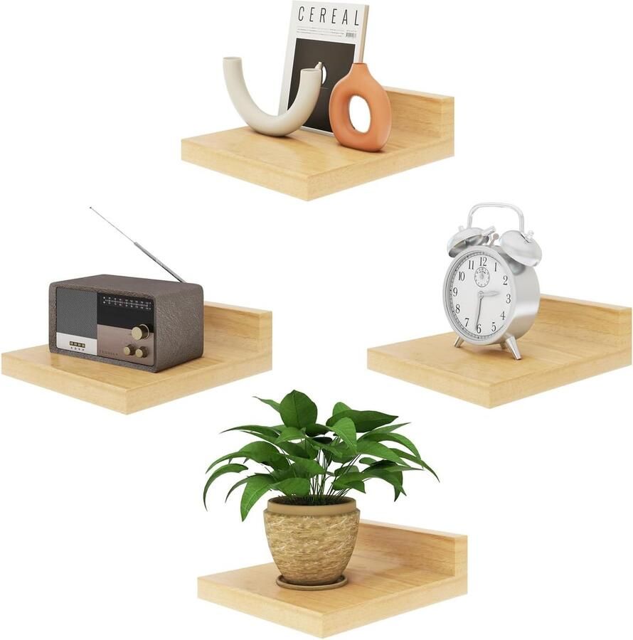 Kleine zwevende houten wandplank multifunctioneel set van 4 natuurlijk