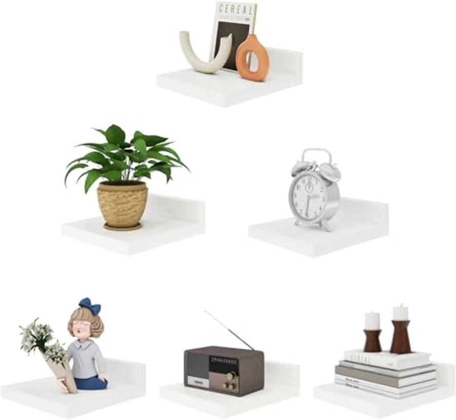 Kleine zwevende plank set van 6 Houten wandplanken voor slaapkamer badkamer en keuken Wit