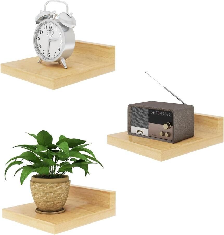 Kleine zwevende houten wandplanken multifunctioneel set van 3 natuurhout