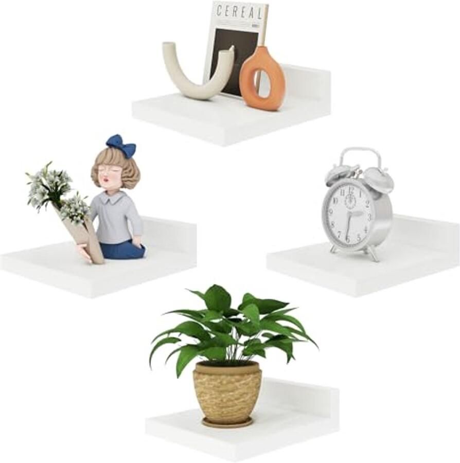 Kleine zwevende wandplank set van 4 Houten displayrekken voor slaapkamer badkamer en keuken Wit