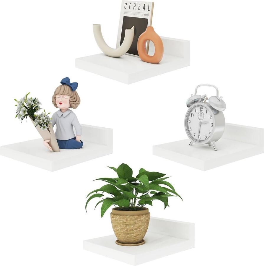 SnelShoppen Kleine zwevende wandplank set van 4 houten displayrekken hangende planken voor slaapkamer badkamer keuken wit RF-GB505W-4
