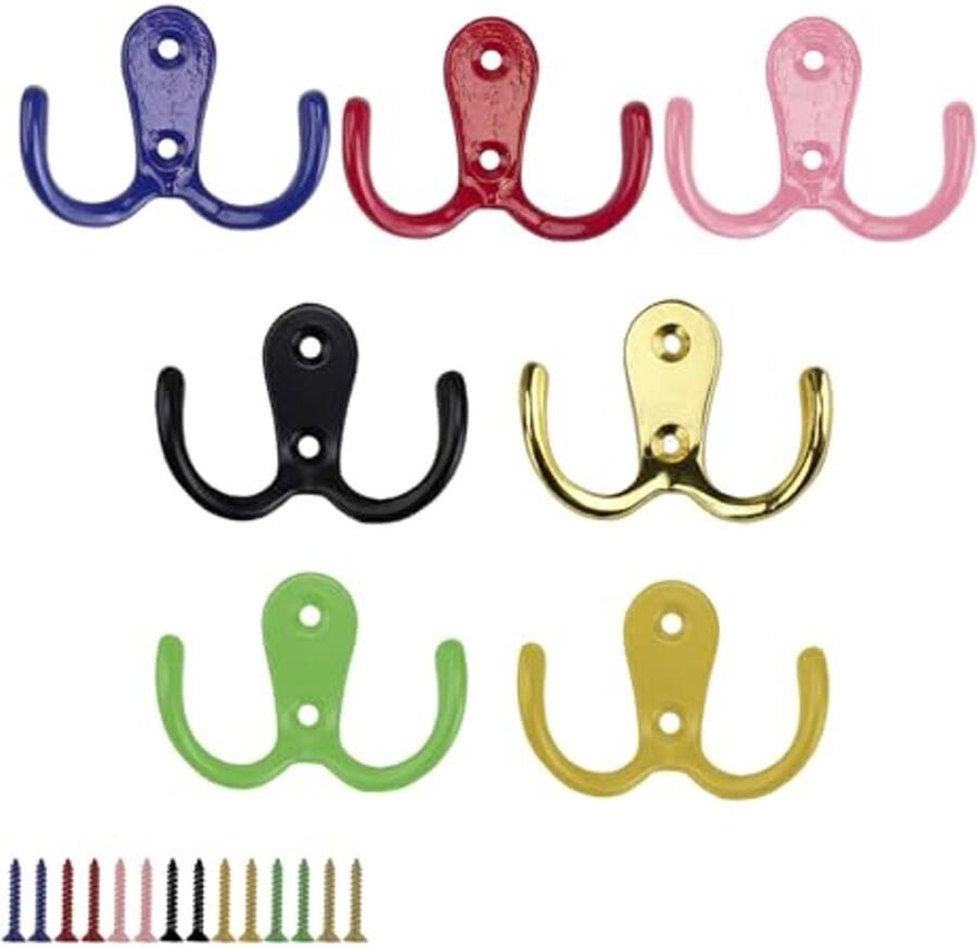 Kleurige 7-delige Wandkapstok met Dubbele Haken en Schroeven Ideaal voor Kleding en Accessoires