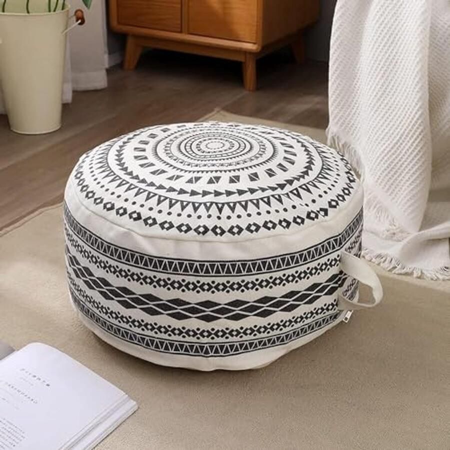 Kleurige Boho Poefhoes met Geometrisch Ontwerp en Handvat Decoratieve Voetenbank voor Woonkamer en Slaapkamer