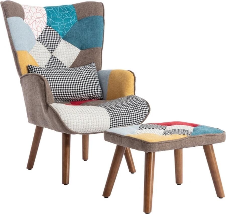 Fauteuil Patchwork design Kleurgecoördineerde Loungestoel met voetensteun Rugleuning en Kussen Woonkamer loungestoelset