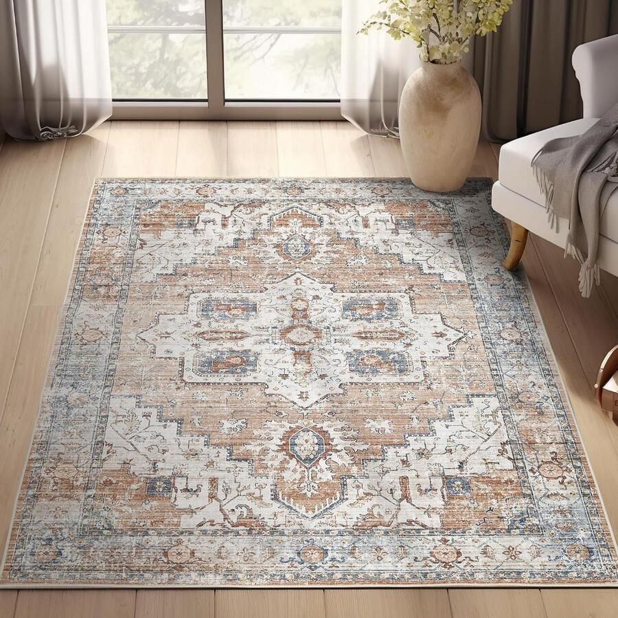 Kleurrijk Vloerkleed Antislip 90 x 150 cm Oranje Blauw Met Oosterse Bloemenprint