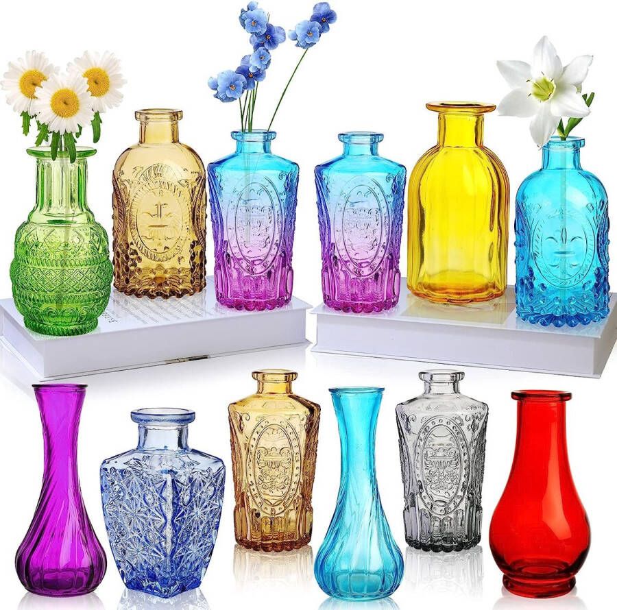 Kleurrijke glazen vazen ​​12 stuks kleine kleurrijke vintage bud vazen ​​mini decoratieve glazen flessen voor tafel middenstuk kantoor tuin bruiloft