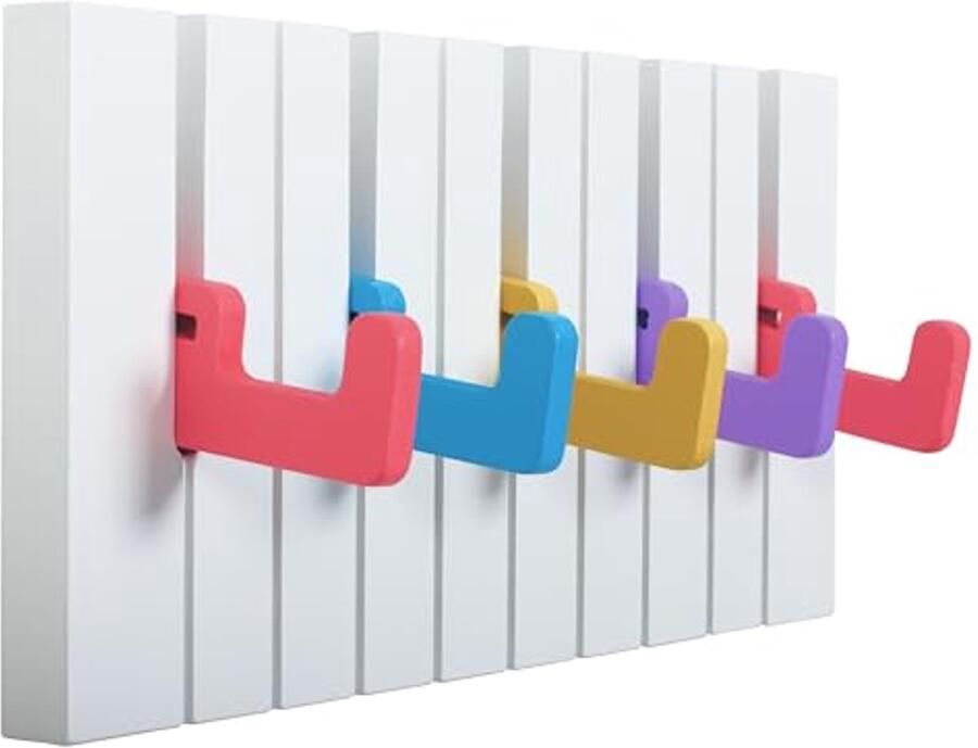 Kleurrijke Houten Garderobehaken in Pianodesign Modern en Inklapbaar Wandhaak Systeem met 5 Haken voor Kinderkamer en Hal 29 x 15 x 2 cm