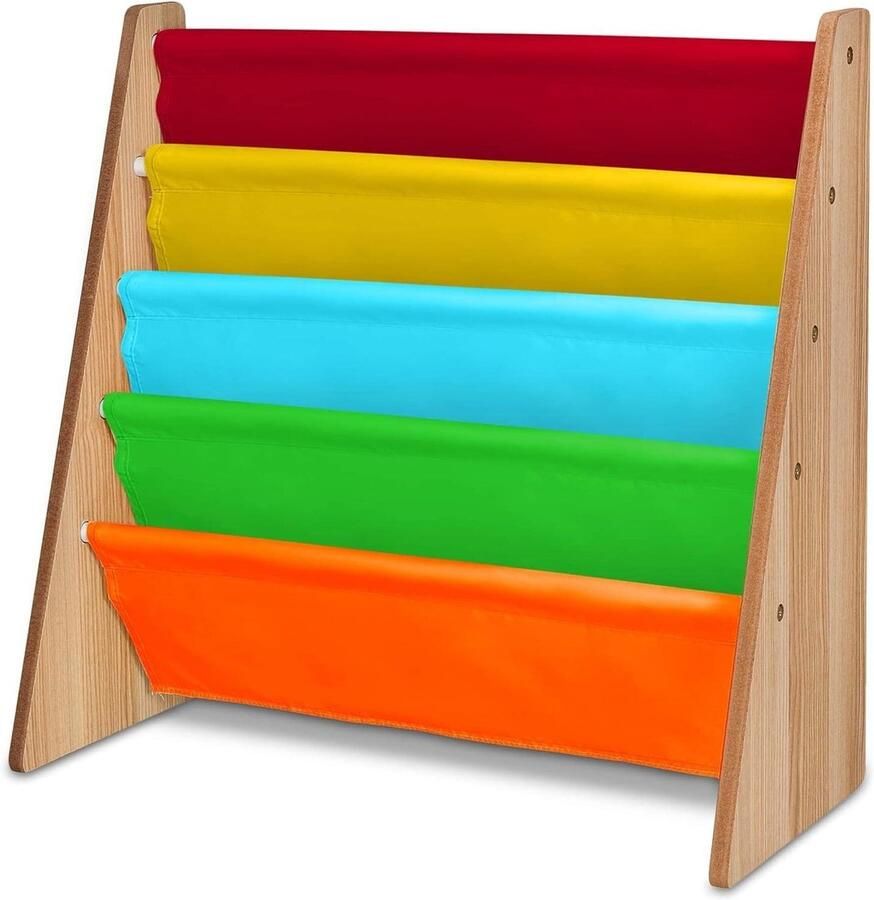Kleurrijke sling opslag boekenkast Gemakkelijke toegang houten boekenopslag voor kinderen Zacht nylon stof planken Hoogte ideaal voor kleine lezers Boekenkast kind
