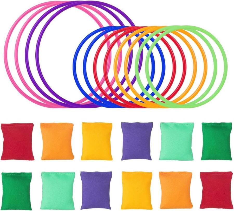 Kleurrijke werpspelletjes set 24 stuks bonenzakjes en ringen voor het hele gezin