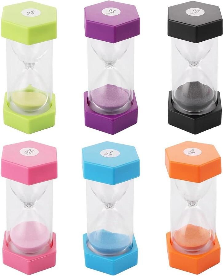 Kleurrijke zandloperset 6 stuks 1 3 5 10 20 30 minuten groot glas zand timer voor school en speeltiming