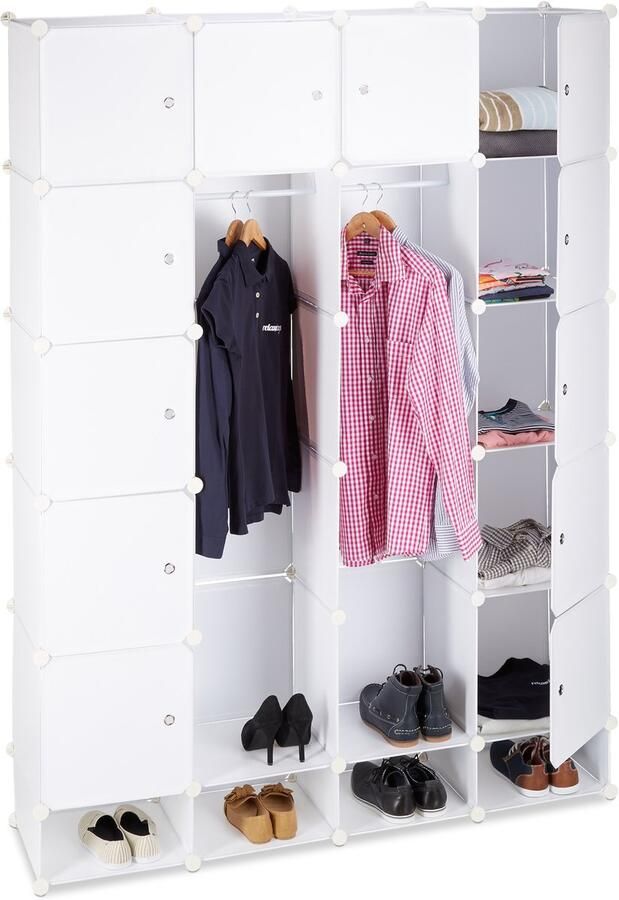 Kliksysteem kledingkast 18 vakken 145 x 200 cm XXL wit- kunststof garderobekast met linnenkast Kledingkast