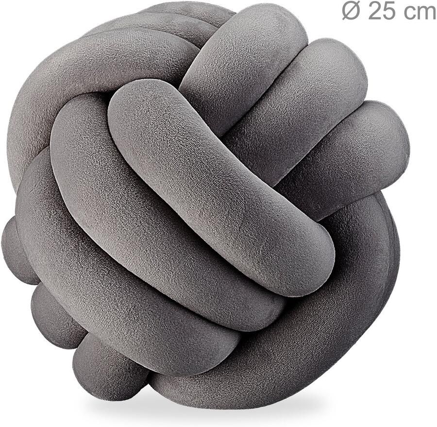 Relaxdays knot kussen decoratief Scandinavisch voor bank Ø 25 cm donkergrijs