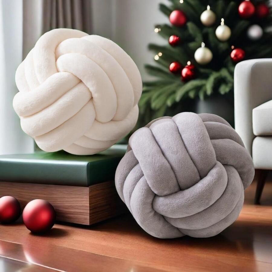 Knoopkussenballen 2 stuks schattige esthetische decoratieve geknoopte bal gooien kussen voor bed esthetische bank rond kussen voor woondecoratie woonkamer (crèmewit en grijs 20 cm)