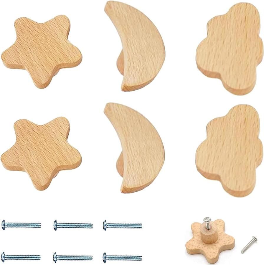 Knoppen kast kinderkamer 6 stuks kastknoppen hout kinderen meubelknoppen houten handgrepen voor kasten meubelknoppen knoppen commode baby kinderkamer cadeau-idee maan ster wolk design