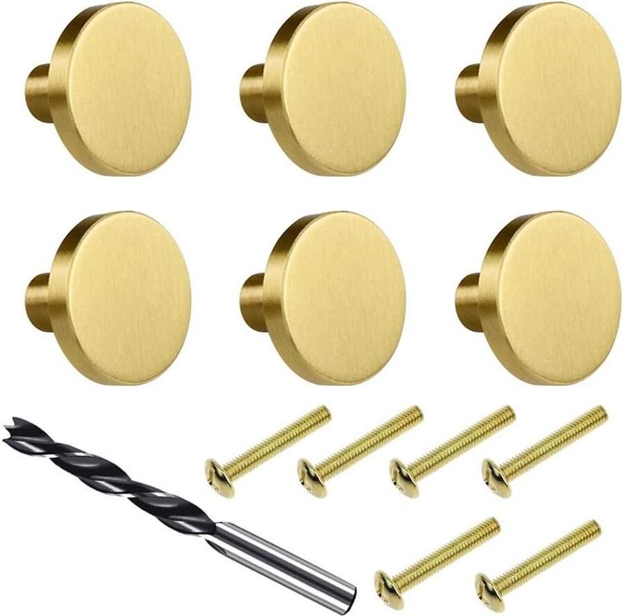 Knoppen voor kasten Goud Meubelknoppen Rond Set van 6 Massief Messing Meubelgrepen Kastgrepen met 6 Schroeven en M4 Houtbewerkingsboor Knoppen voor Kastdeuren Ladekasten (25 x 20)