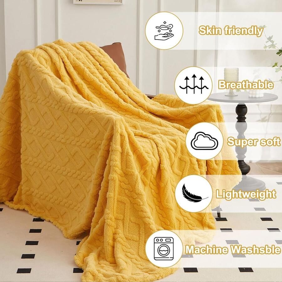 Knuffeldeken 150 x 200 cm fleecedeken wollige deken diamantrooster vilt warme woondeken flanellen deken zachte wollige deken voor bed en bank geel